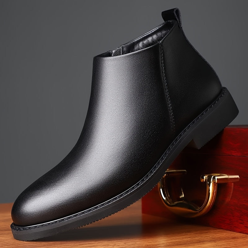 1pair Men'S Classic Mid-Top Casual Ankle Boots - Solid Color Faux, Round Toe, Rubber Sole, Comfortable Slip-On or Zippered Closure, All-Season Footwear for Daily Wear, Parties, and Business