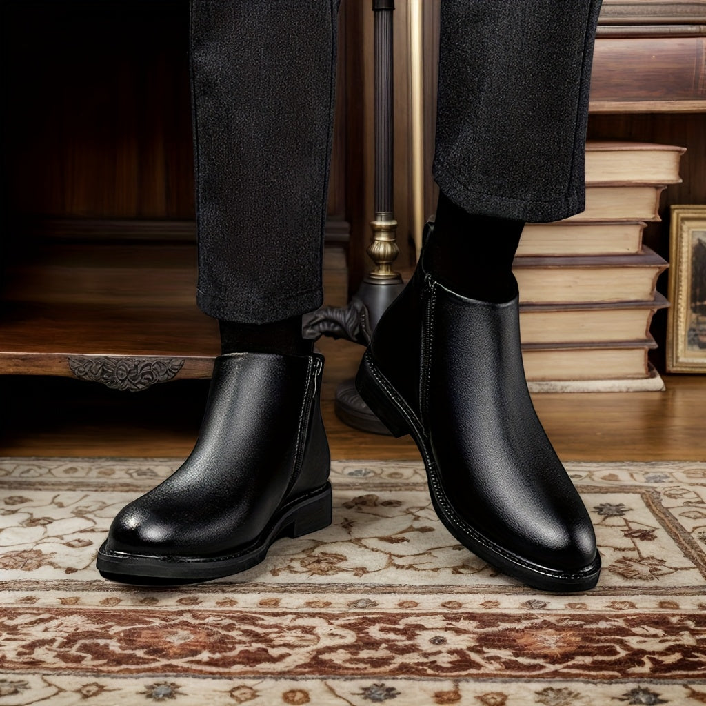 1pair Men'S Classic Mid-Top Casual Ankle Boots - Solid Color Faux, Round Toe, Rubber Sole, Comfortable Slip-On or Zippered Closure, All-Season Footwear for Daily Wear, Parties, and Business
