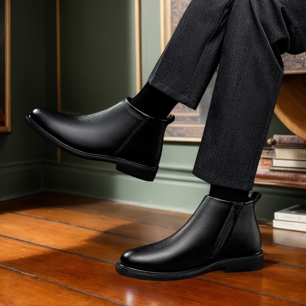 1pair Men'S Classic Mid-Top Casual Ankle Boots - Solid Color Faux, Round Toe, Rubber Sole, Comfortable Slip-On or Zippered Closure, All-Season Footwear for Daily Wear, Parties, and Business