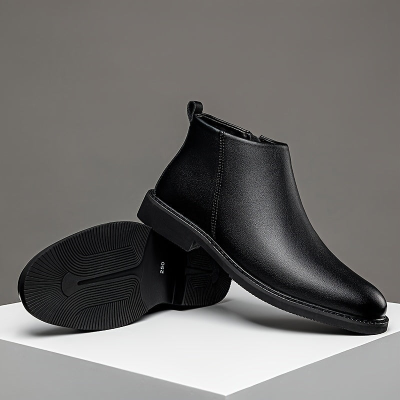 1pair Men'S Classic Mid-Top Casual Ankle Boots - Solid Color Faux, Round Toe, Rubber Sole, Comfortable Slip-On or Zippered Closure, All-Season Footwear for Daily Wear, Parties, and Business