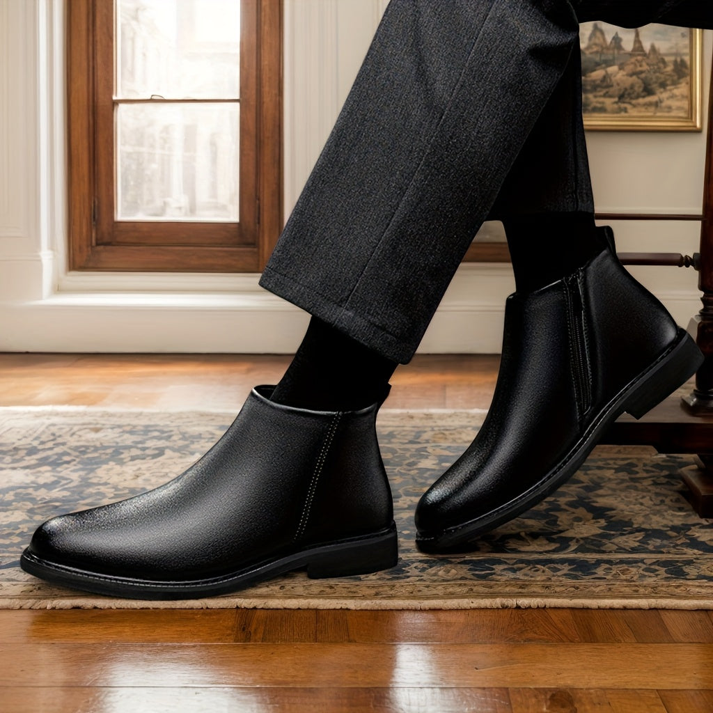 1pair Men'S Classic Mid-Top Casual Ankle Boots - Solid Color Faux, Round Toe, Rubber Sole, Comfortable Slip-On or Zippered Closure, All-Season Footwear for Daily Wear, Parties, and Business
