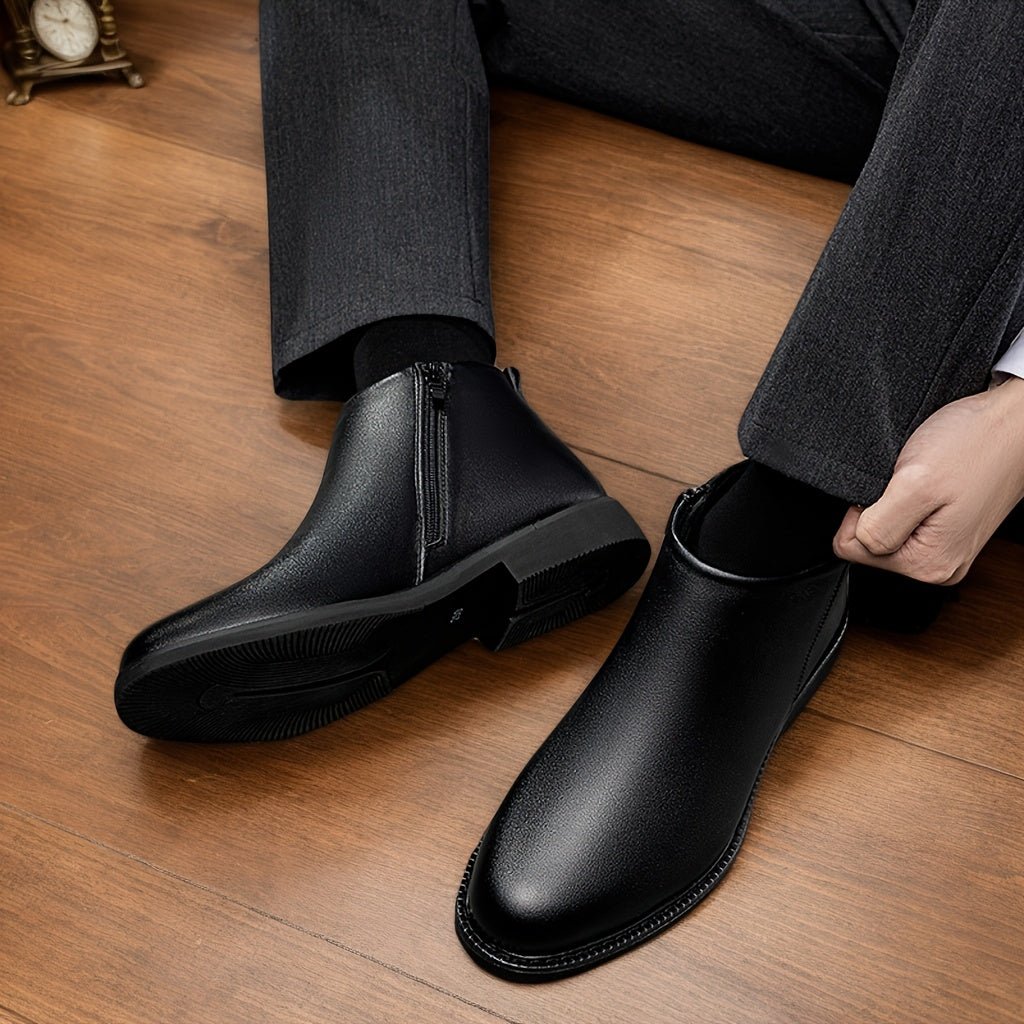 1pair Men'S Classic Mid-Top Casual Ankle Boots - Solid Color Faux, Round Toe, Rubber Sole, Comfortable Slip-On or Zippered Closure, All-Season Footwear for Daily Wear, Parties, and Business