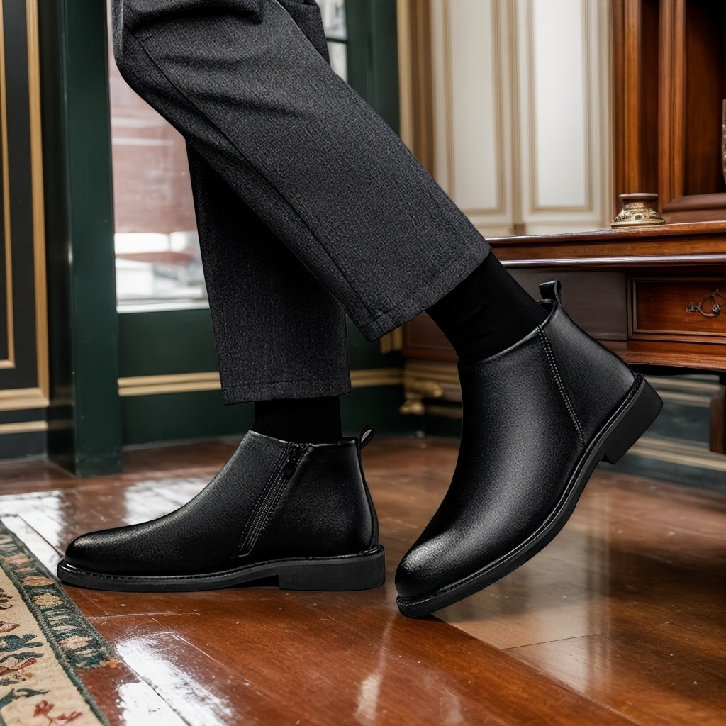1pair Men'S Classic Mid-Top Casual Ankle Boots - Solid Color Faux, Round Toe, Rubber Sole, Comfortable Slip-On or Zippered Closure, All-Season Footwear for Daily Wear, Parties, and Business
